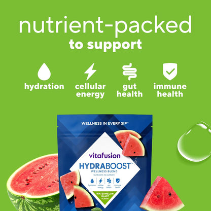 Vitafusion Hydraboost Drink Powder Packets, Electrolytes Support Daily Hydration, Vitamins Support Cellular Energy & Immune Health, Prebiotic Fiber Supports Gut Health, Watermelon Blast, 15 Sticks