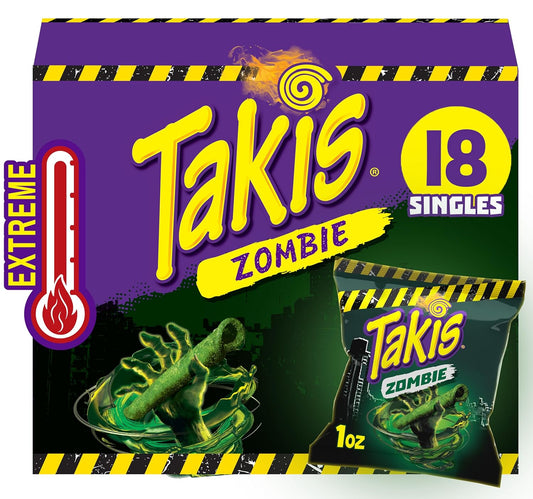 Takis Zombie Rolled Tortilla Chips Multipack, 18 Count | Extremely Spicy Habanero & Cucumber Flavor, 1oz Individual Bags for Halloween Buckets or Snacking
