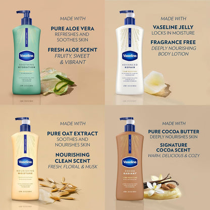 Vaseline Intensive Care Body Lotion Variety 4-Pack (Soothing Hydration, Advanced Repair, Cocoa Radiant, Nourishing Moisture) – Ultra-Hydrating Lotions for Extremely Dry Skin, 20.3 Fl Oz Ea
