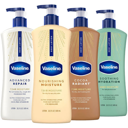Vaseline Intensive Care Body Lotion Variety 4-Pack (Soothing Hydration, Advanced Repair, Cocoa Radiant, Nourishing Moisture) – Ultra-Hydrating Lotions for Extremely Dry Skin, 20.3 Fl Oz Ea