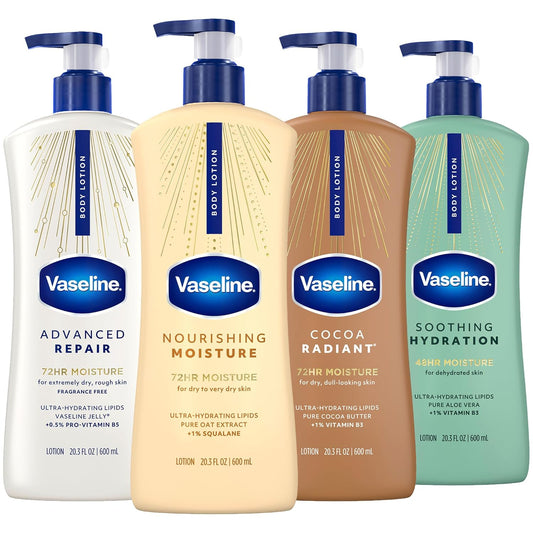 Vaseline Intensive Care Body Lotion Variety 4-Pack (Soothing Hydration, Advanced Repair, Cocoa Radiant, Nourishing Moisture) – Ultra-Hydrating Lotions for Extremely Dry Skin, 20.3 Fl Oz Ea