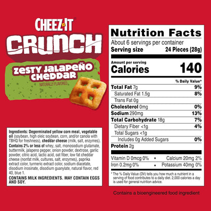 Cheez-It Crunch Cheesy Baked Snacks, Lunch Snacks, Zesty Jalapeno Cheddar (6 Bags)