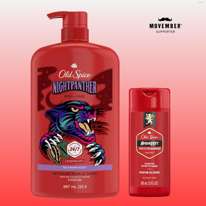Old Spice Cleansing Body Wash for Men, 3X Defense, 24/7 Shower Fresh with Lasting Scent, 2 in 1 Body and Face Wash, Daily Men’s Wash and Shower Gel, NightPanther Rich Warm Masculine Scent, 33.4 oz