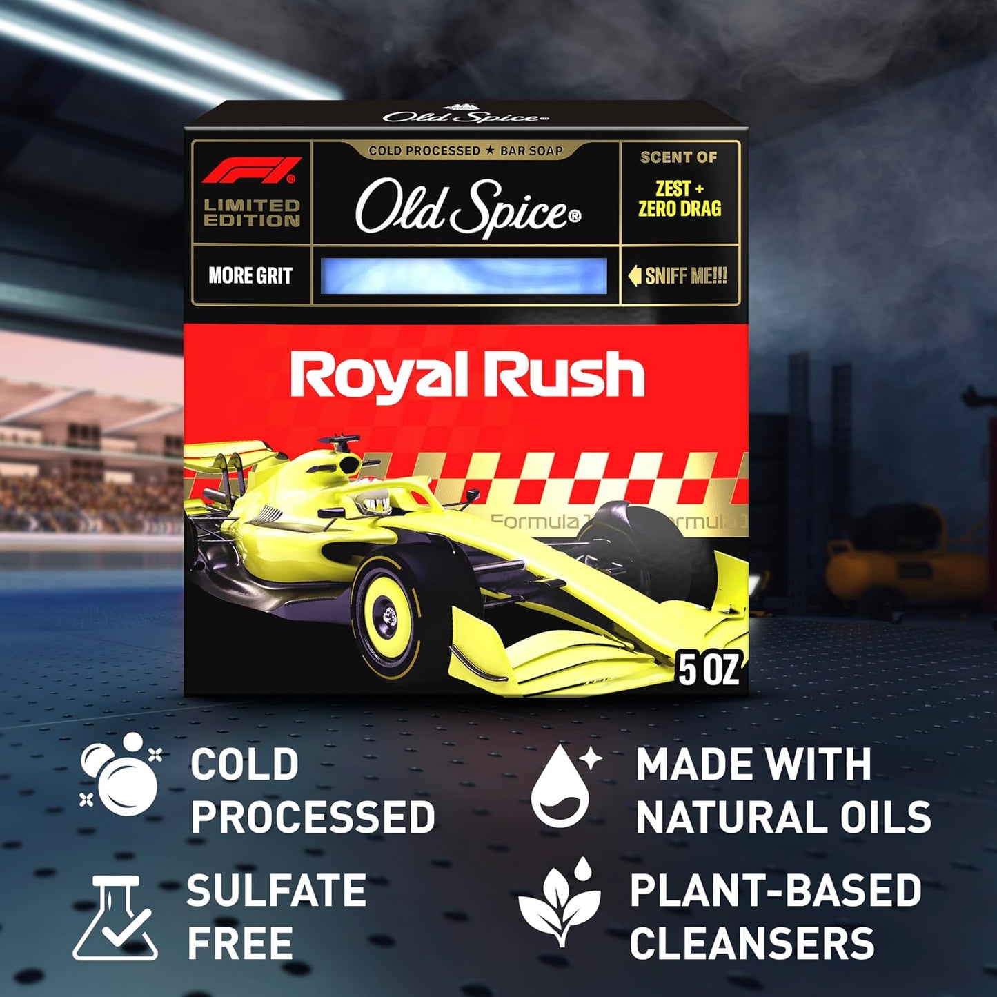 Old Spice Bar Soap for Men, F1 Collection, Cold Pressed with More Grit, Fast Track to Freshness, Made with Natural Oils & Plant Based Cleanser, Royal Rush with Zest & Zero Drag Scent, 5 oz