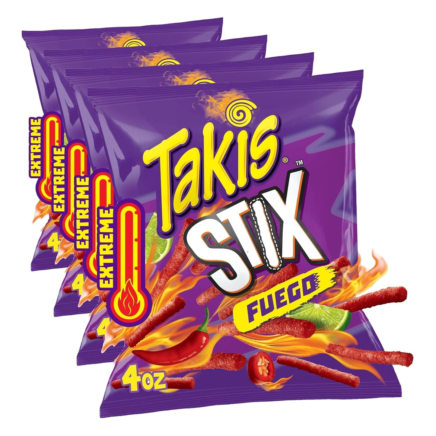 Takis Fuego Stix - Extreme Hot Chili Pepper & Lime Flavored Spicy Corn Sticks Snack Size Bag (Pack of 4)