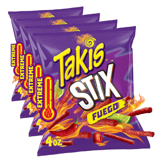 Takis Fuego Stix - Extreme Hot Chili Pepper & Lime Flavored Spicy Corn Sticks Snack Size Bag (Pack of 4)
