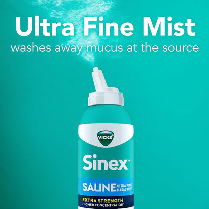 VICKS Sinex Saline Extra Strength Nasal Spray, 3X Concentrated* Drug Free Ultra Fine Mist, Instantly Clears Mucus, Ultra Concentrated to Clear Congestion Fast, Safe For Daily Use, 5 OZ x 2