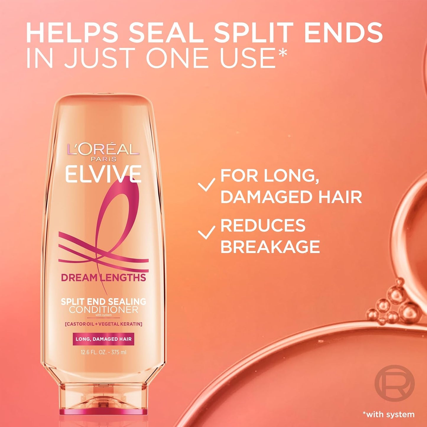 L'Oreal Paris Elvive Dream Lengths Super Detangling Conditioner with Fine Castor Oil and Vitamins B3 and B5 for Long, Damaged Hair, Instantly Detangles to Reduce Breakage With System, 12.6 Fl Oz