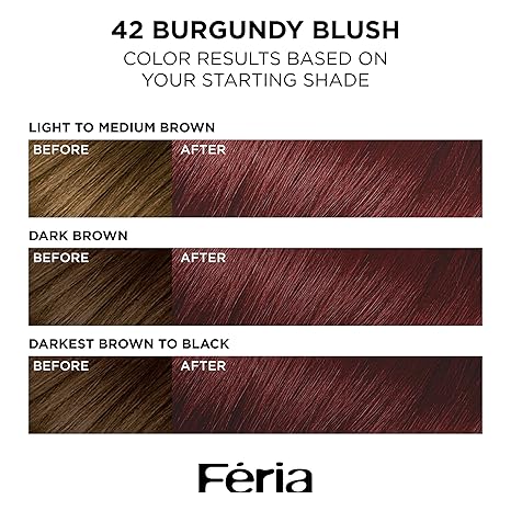 L’Oreal Paris Feria Multi-Faceted Shimmering Permanent Hair Color, High Intensity Hair Dye for 3X Highlights, 42 Burgundy Blush, 1 Hair Dye Kit (Pack of 2)