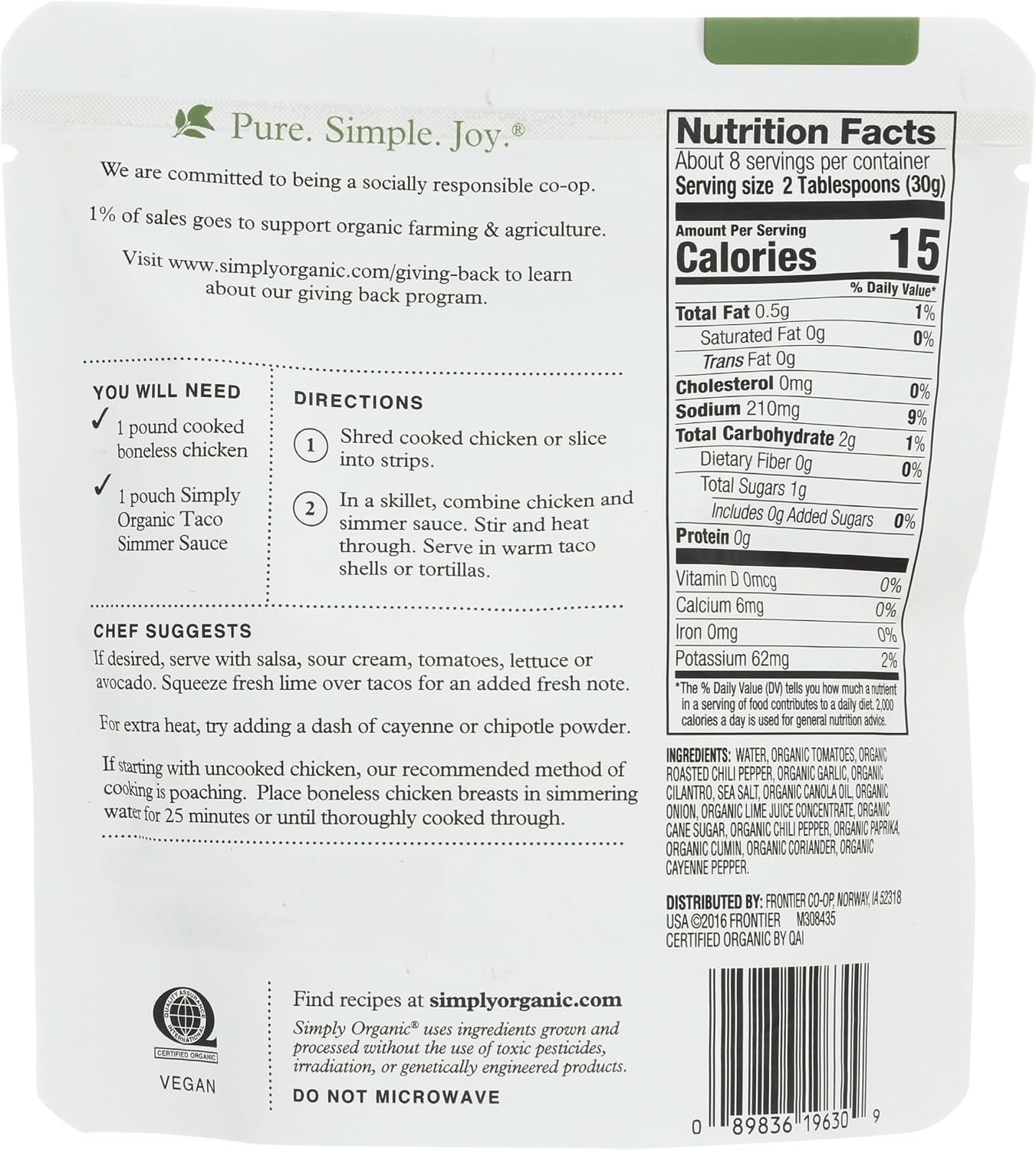Simply Organic Mild Taco Simmer Sauce, Certified Organic | 8 oz