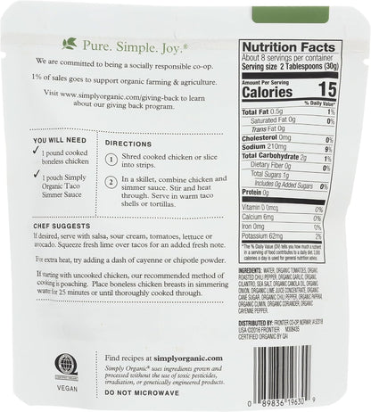 Simply Organic Mild Taco Simmer Sauce, Certified Organic | 8 oz