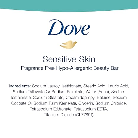 Dove Sensitive Skin Hypo-Allergenic Beauty Bar Soap, Unscented, 4 Ounces, 6-Pack