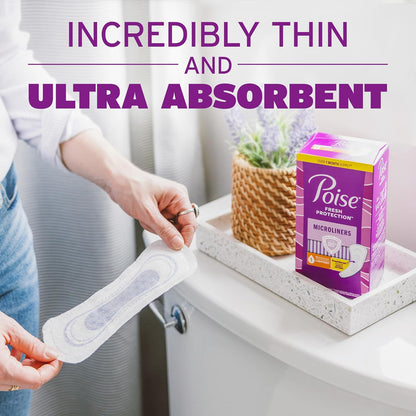 Poise Daily Microliners, Incontinence Panty Liners for Bladder Leaks, 1 Drop Lightest Absorbency, Regular, Pantiliners, 54 Count (Pack of 6)