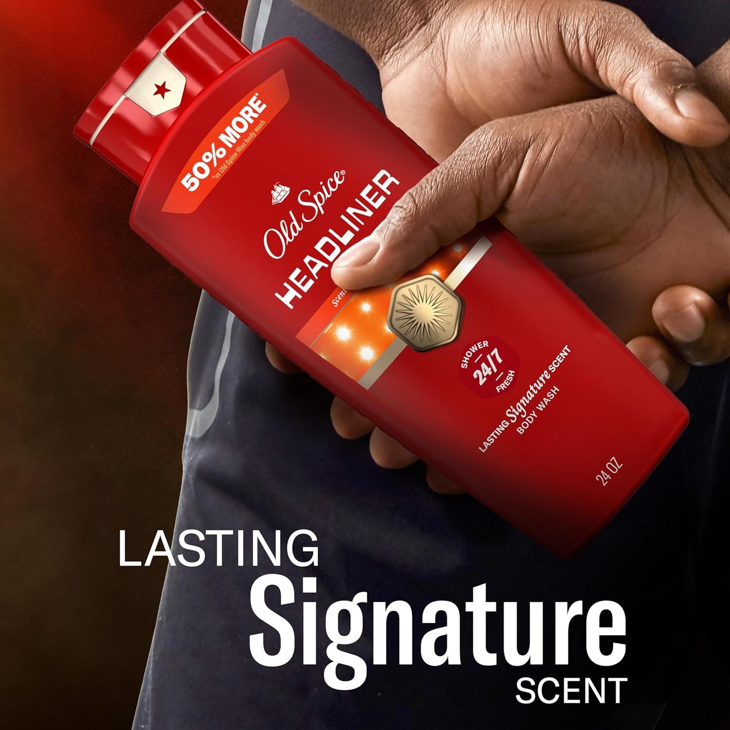 Old Spice Body Wash for Men, 24/7 Shower Fresh & Clean with Daily Use, Lasting Signature Scent, Refreshing Lather, Moisturizing Formula, Headliner with Black Currant, Leather, & Amber Scent, 24 oz