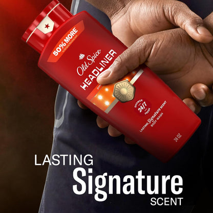 Old Spice Body Wash for Men, 24/7 Shower Fresh & Clean with Daily Use, Lasting Signature Scent, Refreshing Lather, Moisturizing Formula, Headliner with Black Currant, Leather, & Amber Scent, 24 oz