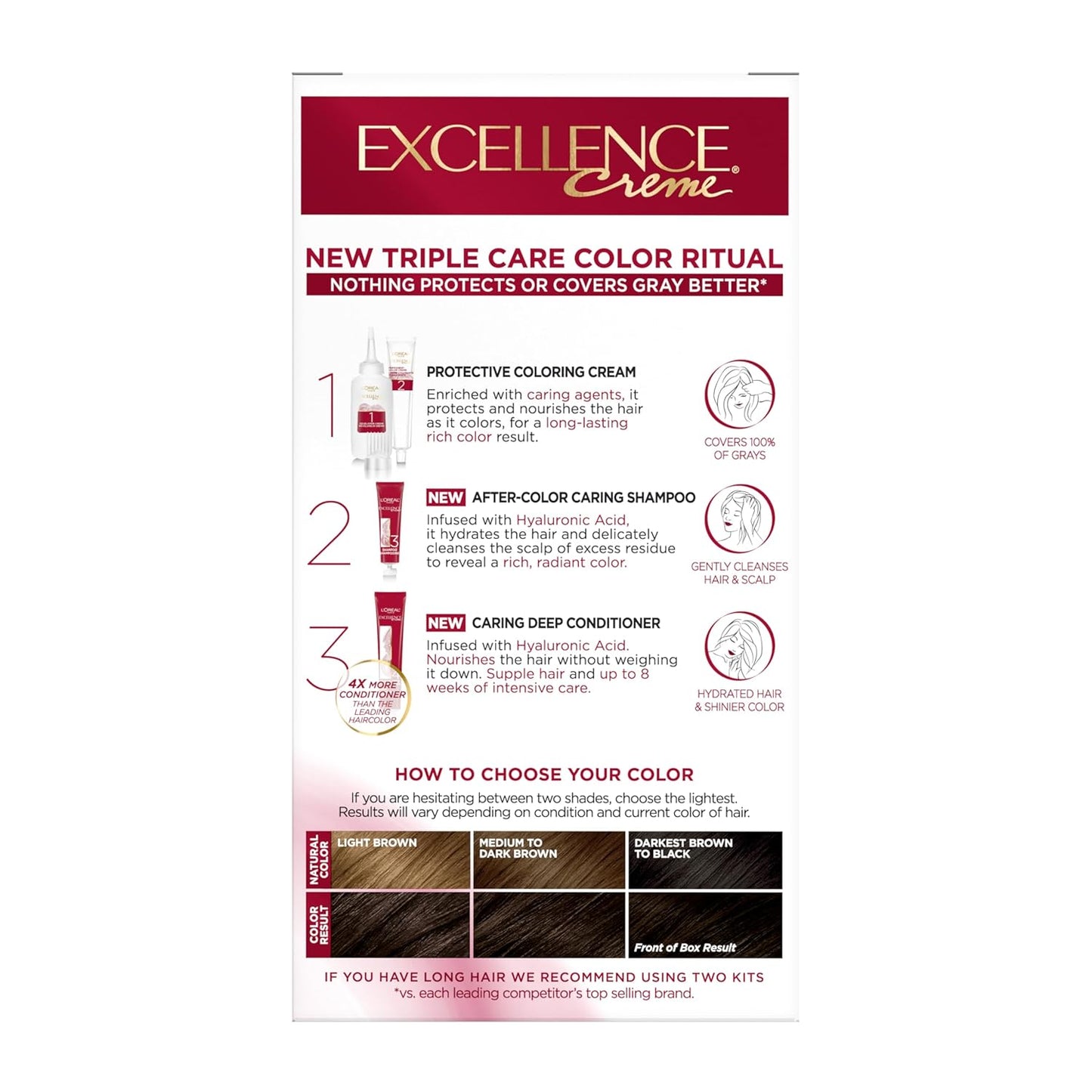 L'Oreal Paris Excellence Crème Permanent Hair Dye, Triple Care Hair Color with Hyaluronic Acid for 100% Gray Coverage, 4A Dark Ash Brown, 1 Kit (Packaging May Vary)
