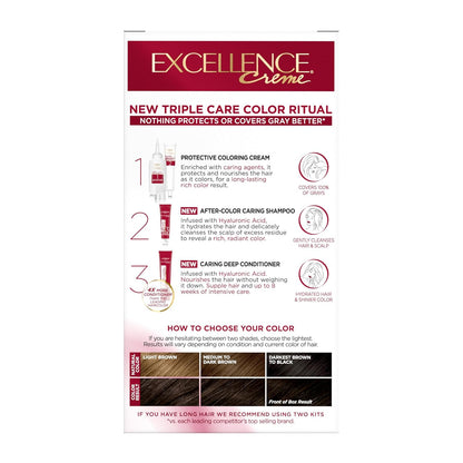 L'Oreal Paris Excellence Crème Permanent Hair Dye, Triple Care Hair Color with Hyaluronic Acid for 100% Gray Coverage, 4A Dark Ash Brown, 1 Kit (Packaging May Vary)