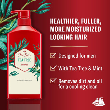 Old Spice Mens Tea Tree Shampoo, For All Hair Types, Healthier, Fuller, More Moisturized Looking Hair, 21.9 fl oz Each, Twin Pack