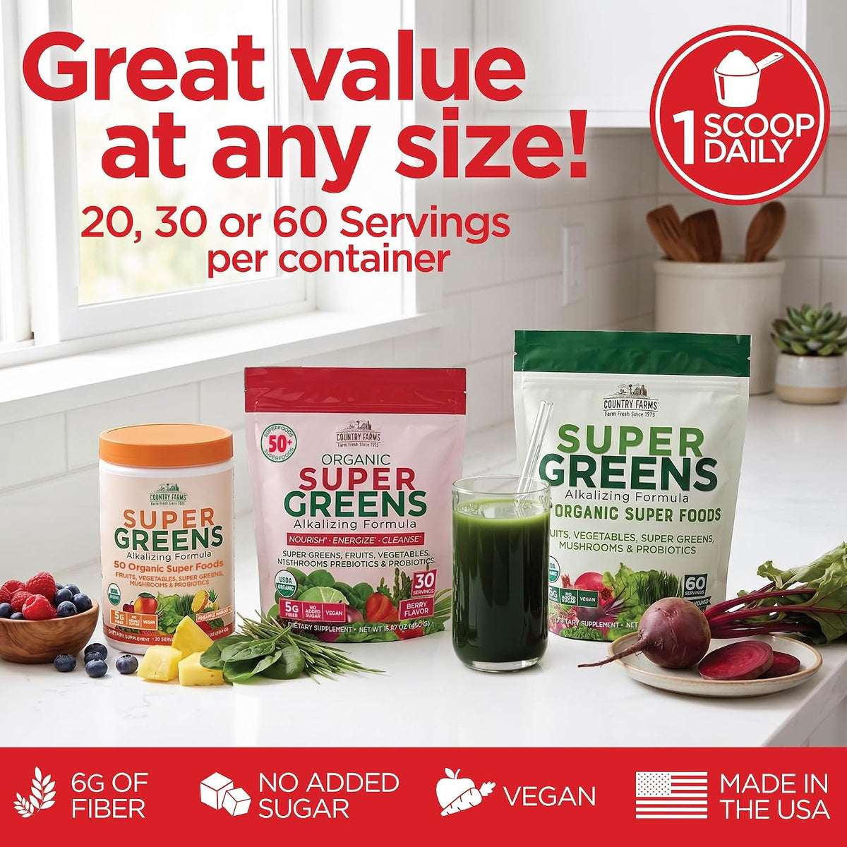 Country Farms Super Greens Berry Flavor, 50 Organic Super Foods, USDA Organic Drink Mix (Wheat Grass, Spirulina, Chlorella) Mushrooms & Probiotics, with Fiber, Gut Health, Natural Energy, 30 Servings