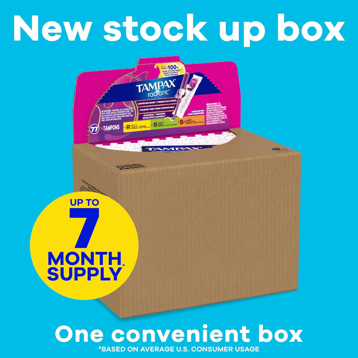 Tampax Radiant Tampons Multipack, with LeakGuard Braid, Regular/Super/Super Plus Absorbency, Up to 100% Leak and Odor Free Protection, Unscented, 77 Count