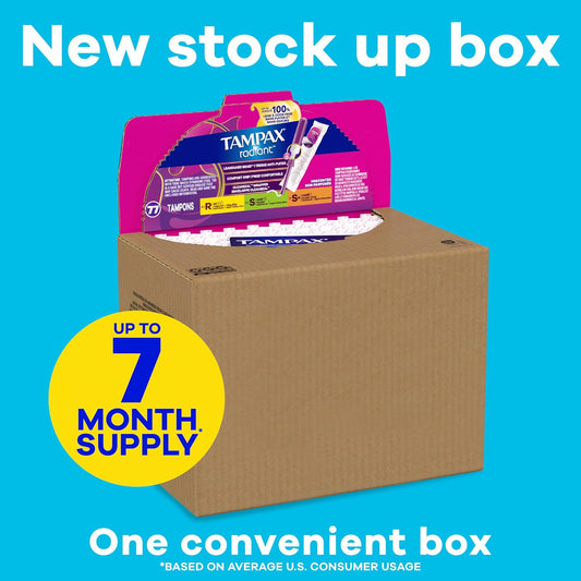 Tampax Radiant Tampons Multipack, with LeakGuard Braid, Regular/Super/Super Plus Absorbency, Up to 100% Leak and Odor Free Protection, Unscented, 77 Count