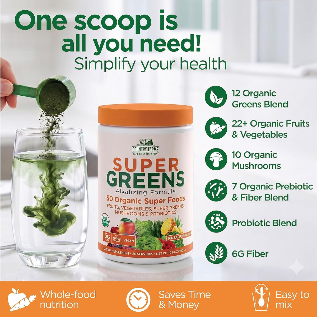 Country Farms Organic Super Greens Powder, 50 Organic Superfoods, Greens Drink with Fruits, Vegetables, Fiber, Probiotics & Mushrooms, Supports Energy, Gut Health & Digestion, Pineapple Mango Flavor