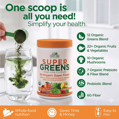 Country Farms Organic Super Greens Powder, 50 Organic Superfoods, Greens Drink with Fruits, Vegetables, Fiber, Probiotics & Mushrooms, Supports Energy, Gut Health & Digestion, Pineapple Mango Flavor
