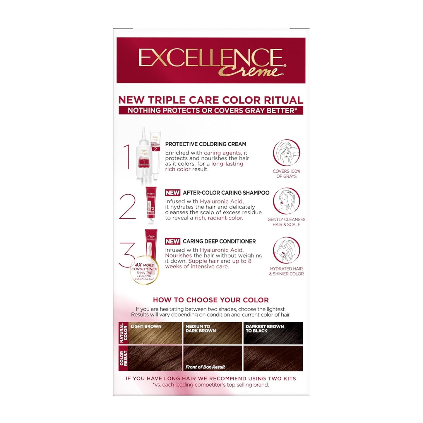 L'Oreal Paris Excellence Crème Permanent Hair Dye, Triple Care Hair Color with Hyaluronic Acid for 100% Gray Coverage, 4AR Dark Chocolate Brown, 1 Kit (Packaging May Vary)