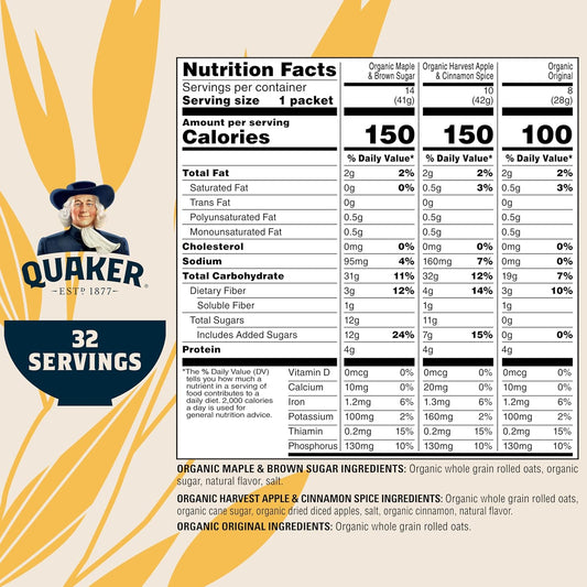 QUAKER Instant Oatmeal, USDA Organic, Non-GMO Project Verified, 3 Flavor Variety Pack, Individual Packets, 32 Count (Pack of 2)