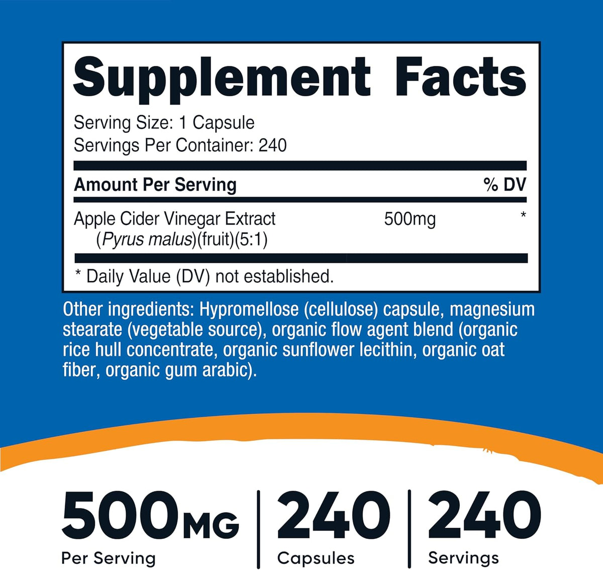 Nutricost Apple Cider Vinegar Capsules 500mg, 240 Vegetarian Capsules