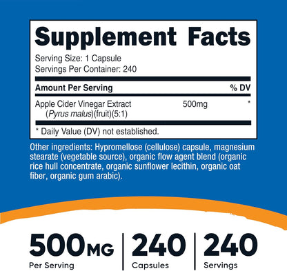 Nutricost Apple Cider Vinegar Capsules 500mg, 240 Vegetarian Capsules