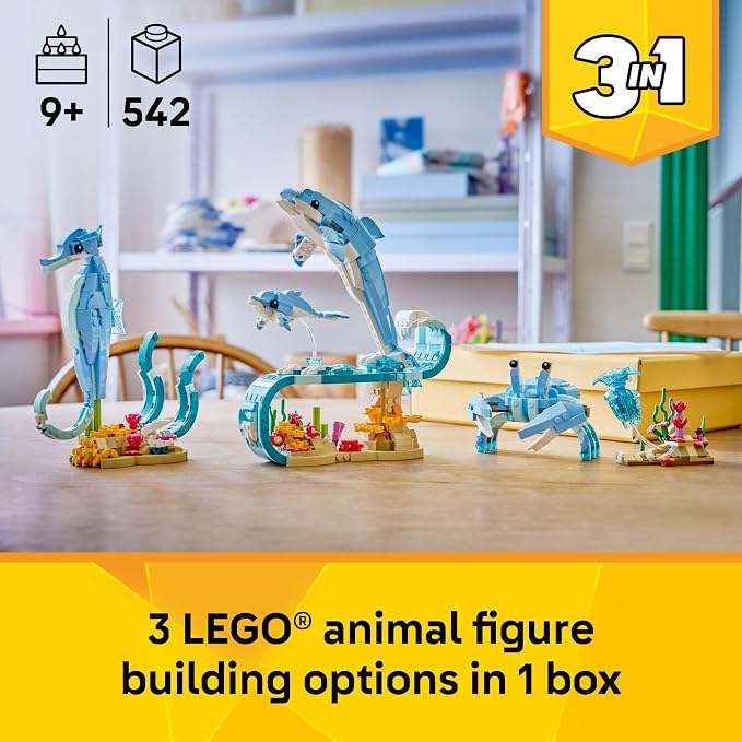 LEGO Creator 3 in 1 Sea Animals: Beautiful Dolphins Building Toy for Girls, Boys, & Kids, Ages 8+ - Gift for Birthdays - Build a Dolphin, Seahorse, or Crab Animal Figure - 31385