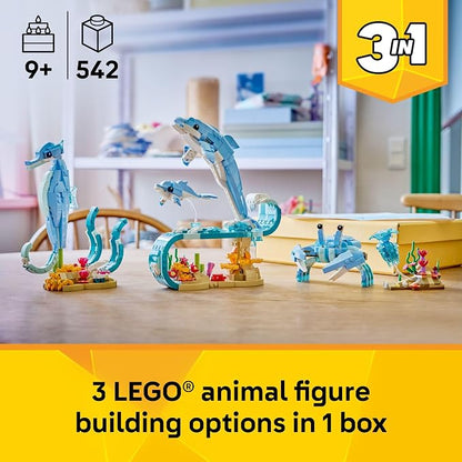 LEGO Creator 3 in 1 Sea Animals: Beautiful Dolphins Building Toy for Girls, Boys, & Kids, Ages 8+ - Gift for Birthdays - Build a Dolphin, Seahorse, or Crab Animal Figure - 31385