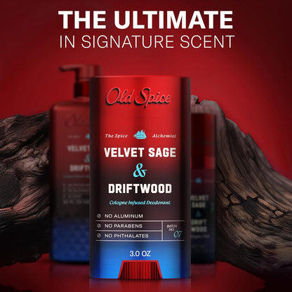 Old Spice Aluminum Free Deodorant for Men, The Spice Alchemist Collection, 24/7 Cologne Infused Scent, No Trade Off Formula, Free of Parabens & Phthalates, Velvet Sage + Drift Wood Scent, 3.0 oz