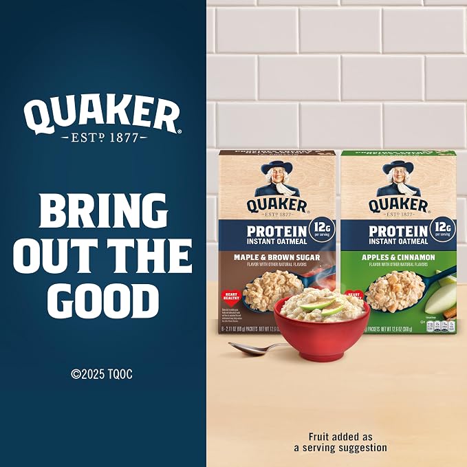 Quaker Protein Instant Oatmeal, Apple Cinnamon, 12g Protein per Serving, Whole Grains, No Artificial Flavors, No Added Colors, 2.11 oz Packets, (6 Pack)