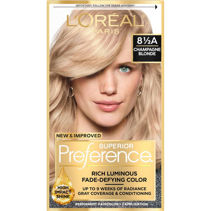 L'Oreal Paris Superior Preference Luminous Fade-Defying Permanent Hair Color, Hair Dye For Up to 9 Weeks of Radiance, Champagne Blonde 8.5A, 1 Hair Dye Kit