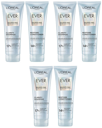 L'Oreal Paris Clarify and Restore Sulfate Free Shampoo and Conditioner Set with Antioxidants for Hard Water Exposure-and Styling Build-up,EverPure,1 Hair Care Kit,(Pack of 6)