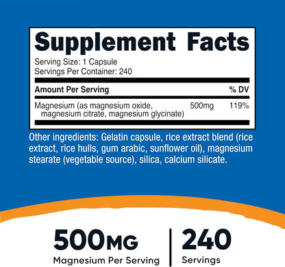 Nutricost Magnesium Complex Extra Strength 500mg, 240 Capsules - Magnesium Oxide, Citrate, and Glycinate - Gluten Free and Non-GMO (Pack of 2)