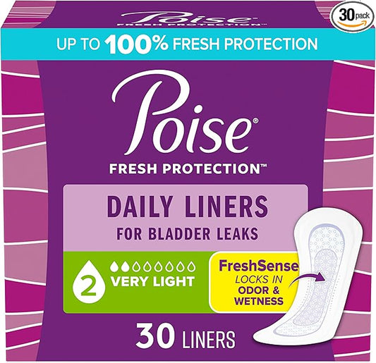 Poise Daily Liners, Incontinence Panty Liners for Bladder Leaks, 2 Drop Very Light Absorbency, Regular Length, 30 Count of Pantiliners, Packaging May Vary