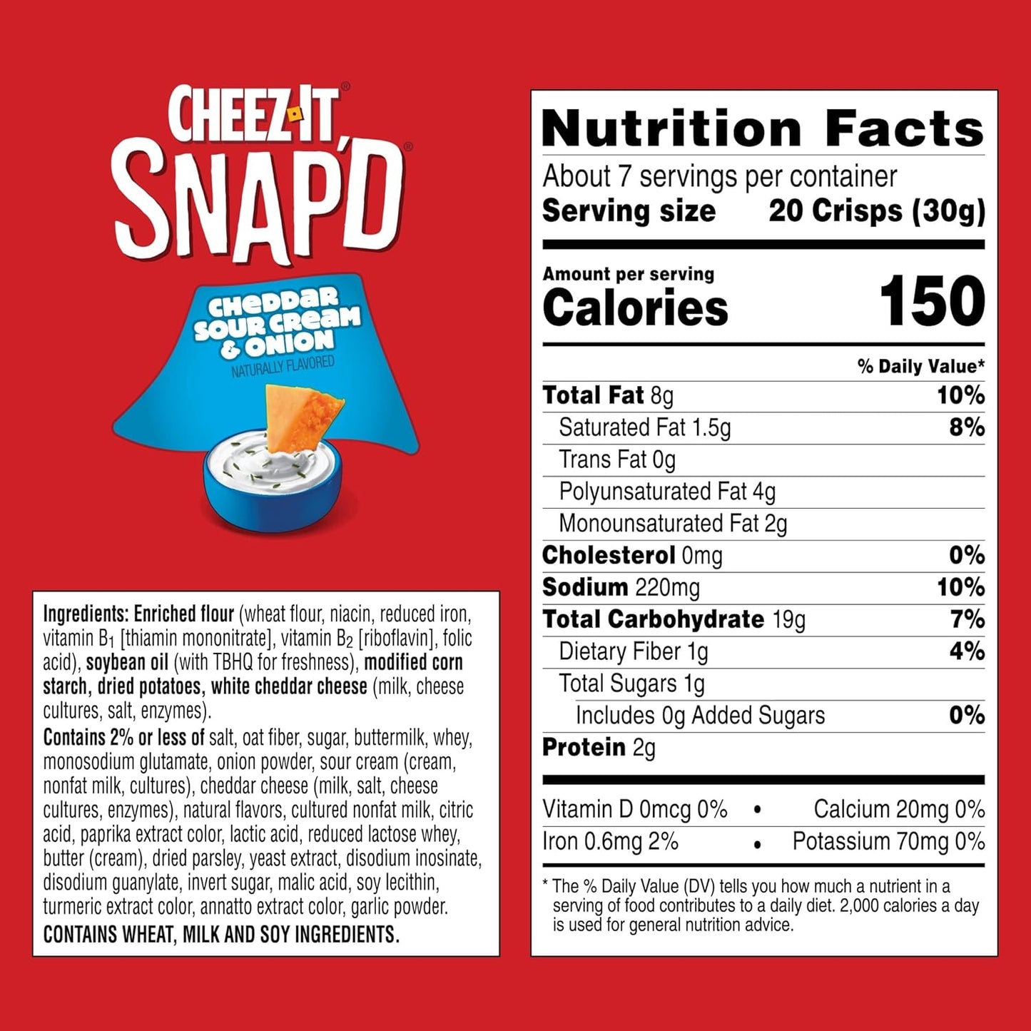 Cheez-It Snap'd Cheese Cracker Chips, Thin Crisps, Lunch Snacks, Cheddar Sour Cream and Onion, 45oz Case (6 Bags)