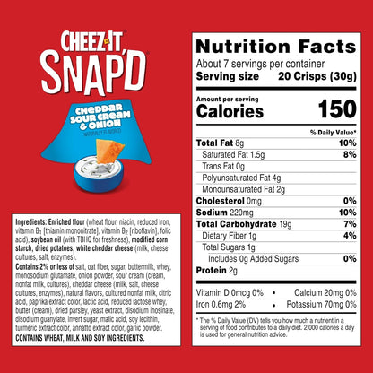 Cheez-It Snap'd Cheese Cracker Chips, Thin Crisps, Lunch Snacks, Cheddar Sour Cream and Onion, 45oz Case (6 Bags)