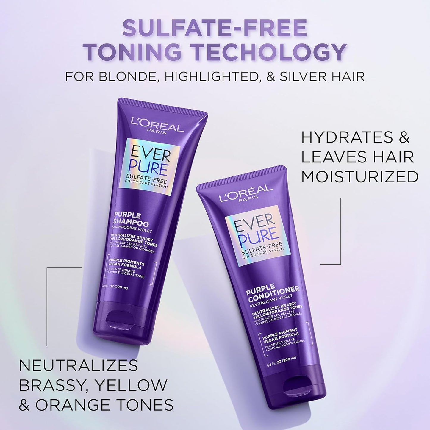 L’Oreal Paris Sulfate Free Brass Toning Purple Shampoo for Blonde, Bleached, Silver, or Brown Highlighted Hair, EverPure, 23 Fl Oz (Packaging May Vary)
