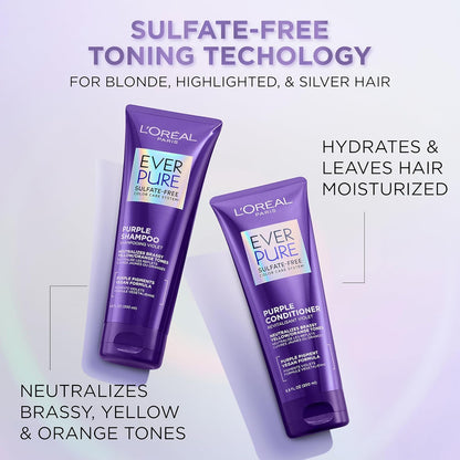 L’Oreal Paris Sulfate Free Brass Toning Purple Shampoo for Blonde, Bleached, Silver, or Brown Highlighted Hair, EverPure, 23 Fl Oz (Packaging May Vary)