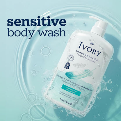Ivory Sensitive Body Wash, Fragrance-Free, Designed for the Whole Family, Gentle Formula, Free of Dyes Heavy Perfumes Parabens Phthalates & Silicones, Designed for Skin's pH, 35 oz
