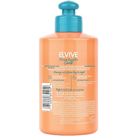 L'Oreal Paris Elvive Dream Lengths Curls Non-Stop Dreamy Curls leave-in conditioner, Paraben-Free with Hyaluronic Acid and Castor Oil. Best for wavy hair to coily hair, 10.2 fl oz
