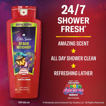 Old Spice X Super Mario, Space Mischief with Armed Amber Scent, Aluminum Free Deodorant + Body & Face Wash Bundle for Men, Smell Super with 24/7 Lasting Freshness & 24/7 Shower Clean (Pack of 2)