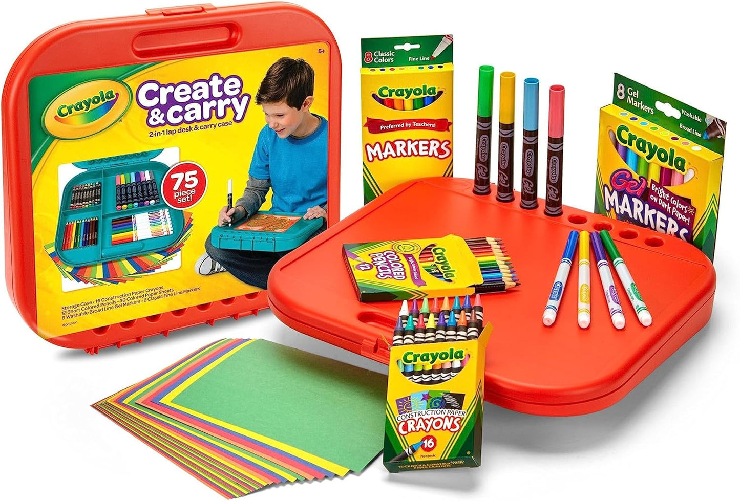 Crayola Create 'N Carry Travel Art Set for Kids (75pcs), 2-in-1 Lap Desk & Carrying Case, Essential Art Supplies Kit, Spring Crafting, Gift for Kids