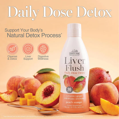 Country Farms Liver Flush Daily Dose Detox Liquid Supplement – Peach Mango Flavor – Liver & Digestive Support with Milk Thistle, Artichoke, Ginger, Turmeric & Organic Inulin Fiber, 16 Fl Oz