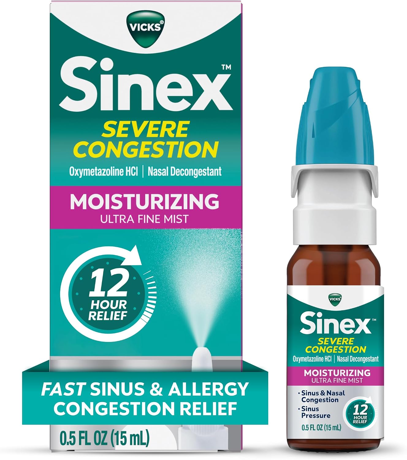 Vicks Sinex Severe Nasal Spray with Moisturizing Ultra Fine Mist, Decongestant for Stuffy Nose Relief from Cold, Allergy, Sinus Pressure - 265 Sprays