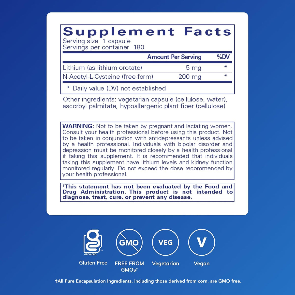 Pure Encapsulations Lithium (Orotate) 5 mg, 180 Capsules
